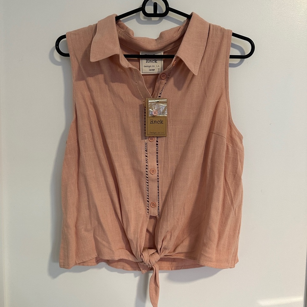 NWT Style Rack Peach Woven Sleeveless Button Up Shirt w/Tie Front